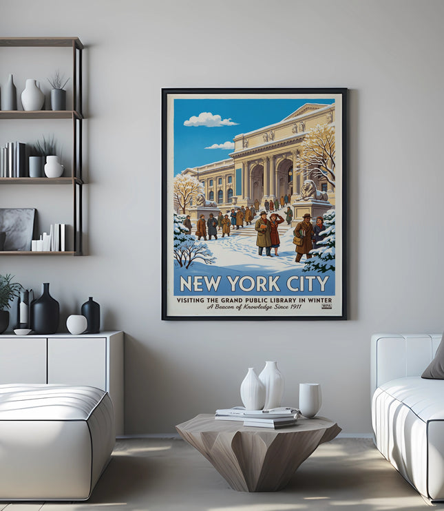 New York City poster depicting the Grand Public Library in winter.