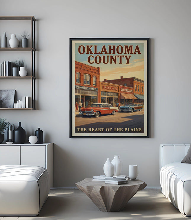 Vintage Oklahoma County poster with vintage cars and brick buildings.