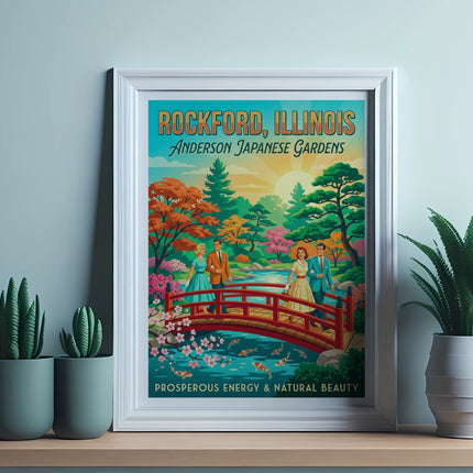Rockford, Illinois Anderson Japanese Gardens poster with people on a bridge.