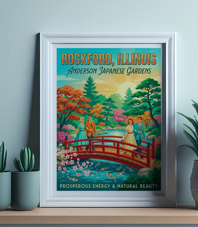 Rockford, Illinois Anderson Japanese Gardens poster with people on a bridge.