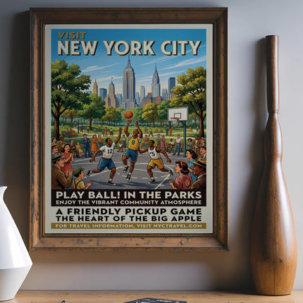 Vintage poster for New York City showing people playing basketball in a park.