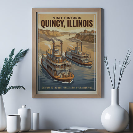 Historic Quincy, Illinois poster with two steamboats on the Mississippi River.
