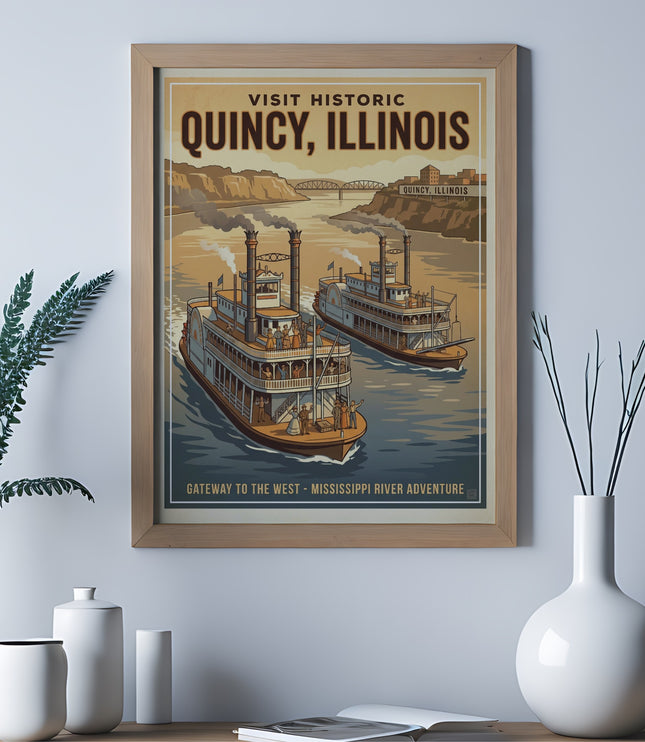 Historic Quincy, Illinois poster with two steamboats on the Mississippi River.