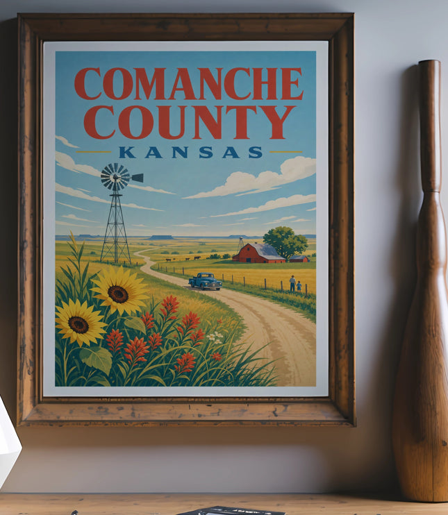Comanche County Kansas vintage travel poster with windmill, barn, sunflowers, and car.