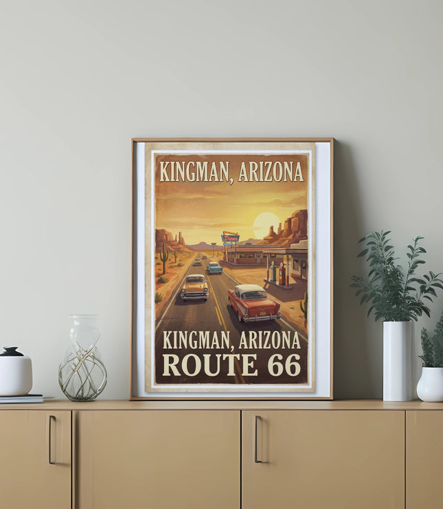 Vintage poster of Kingman, Arizona, Route 66 with classic cars and sunset.