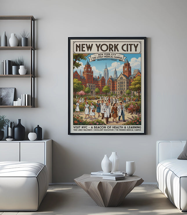 New York City poster depicting medical campus with people, text reads "New York City The Lively Medical Campus".