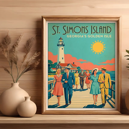 Vintage poster of people strolling on St. Simons Island, Georgia.