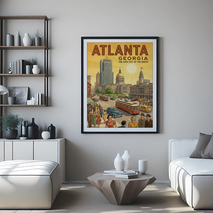 Atlanta Georgia the city of the South vintage travel poster displayed in a modern living room.