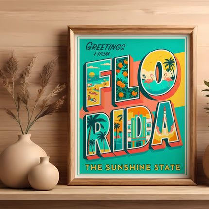 Greetings from Florida postcard featuring oranges, flamingos, and palm trees.