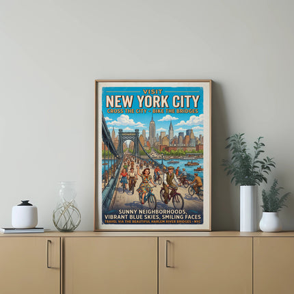 New York City cycling poster showing people biking across a bridge.