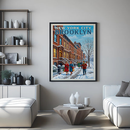 Vintage New York City Brooklyn winter street scene poster with people walking.