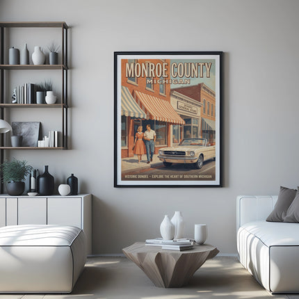 Vintage poster of Monroe County Michigan with historic Dundee General Store and convertible.