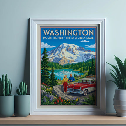 Washington Mount Rainier - The Evergreen State vintage travel poster with couple and car.