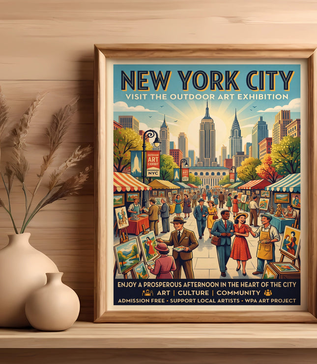 New York City outdoor art exhibition poster with artwork and cityscape.