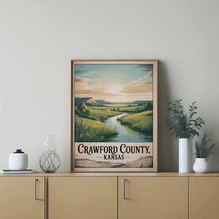 Vintage travel poster for Crawford County, Kansas, with a scenic river landscape.