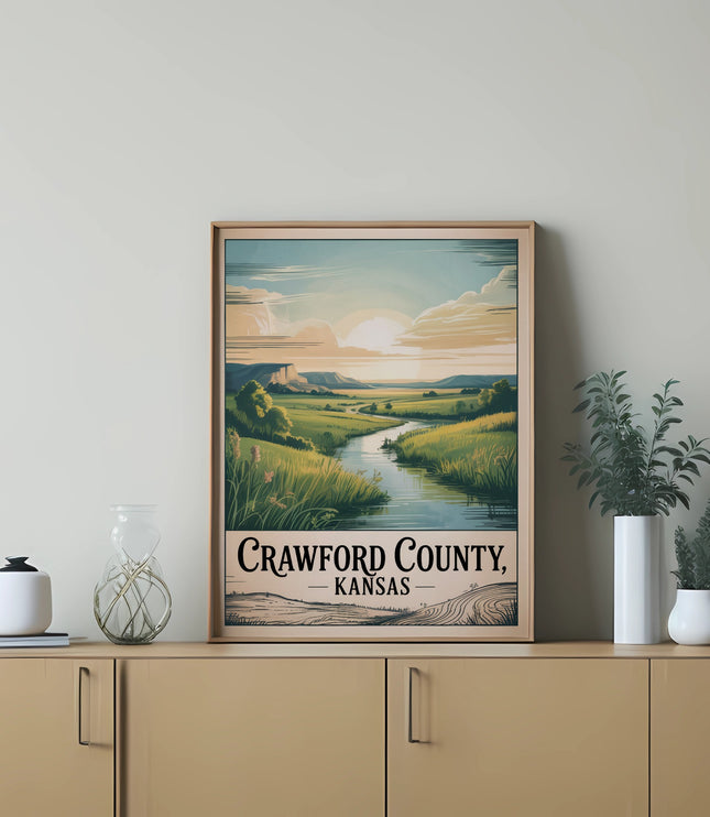 Vintage travel poster for Crawford County, Kansas, with a scenic river landscape.