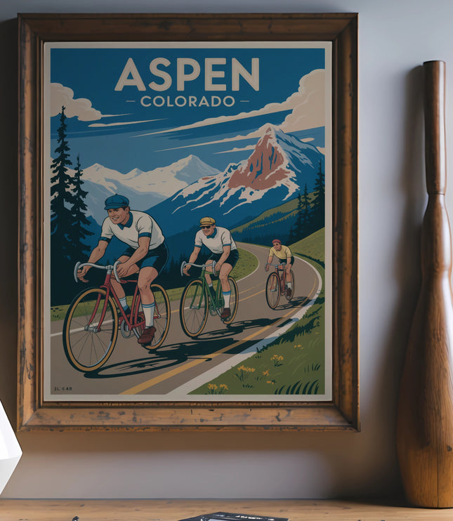 Vintage poster of cyclists on a mountain road with "Aspen Colorado" text.