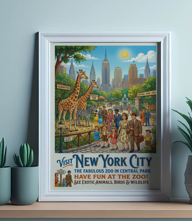 Vintage New York City Central Park Zoo poster with giraffes, families, and skyscrapers.
