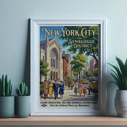 New York City Synagogue District poster with vintage street scene and text.