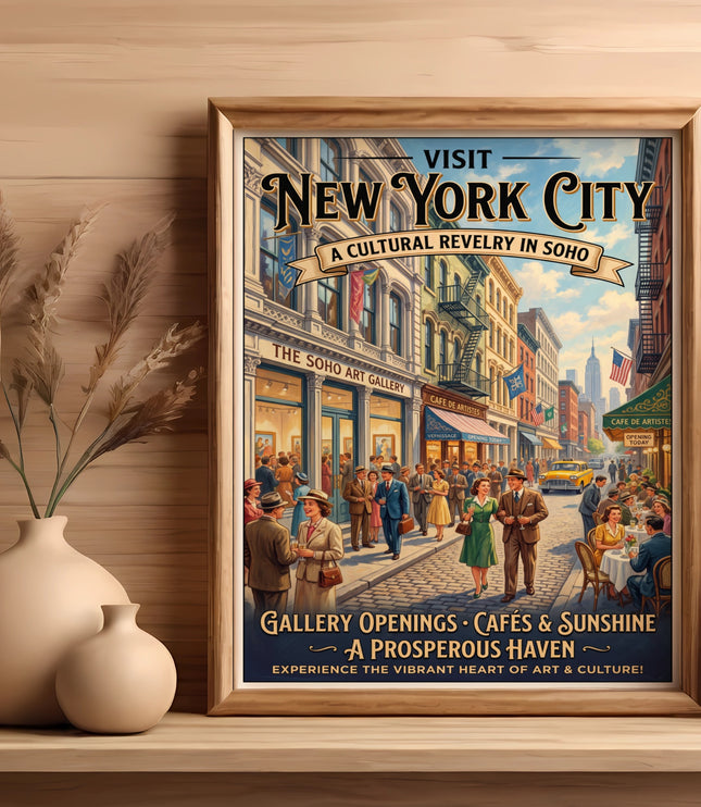 New York City art print featuring a bustling street scene with people and cafes.