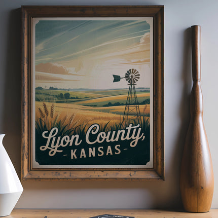Vintage Lyon County, Kansas poster with windmill and wheat fields.