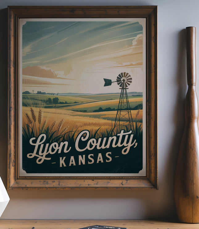 Vintage Lyon County, Kansas poster with windmill and wheat fields.