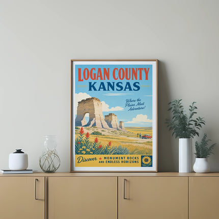 Logan County, Kansas, vintage travel poster featuring Monument Rocks.