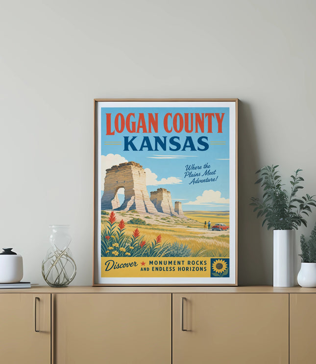 Logan County, Kansas, vintage travel poster featuring Monument Rocks.