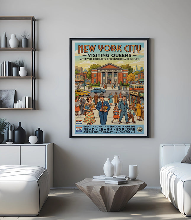 New York City Visiting Queens WPA poster with Queens Public Library and people.