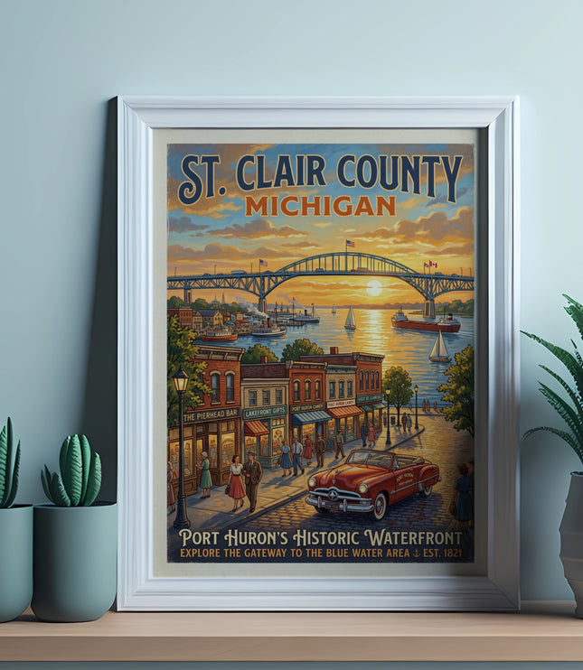 St. Clair County Michigan vintage poster showing Port Huron's historic waterfront.