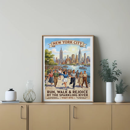 New York City poster with people running and walking by a sparkling river.