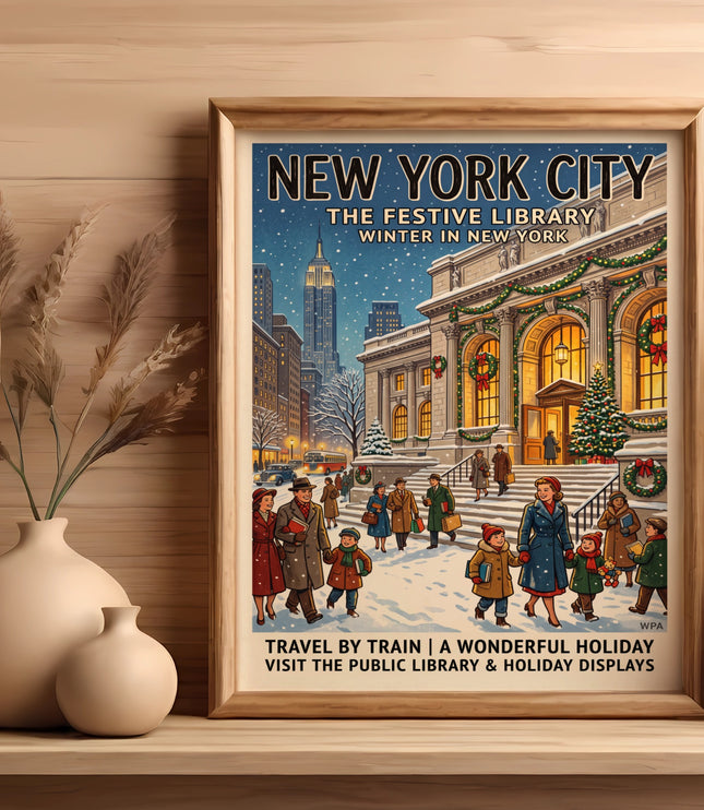 New York City Festive Library Winter holiday poster with snow and people.