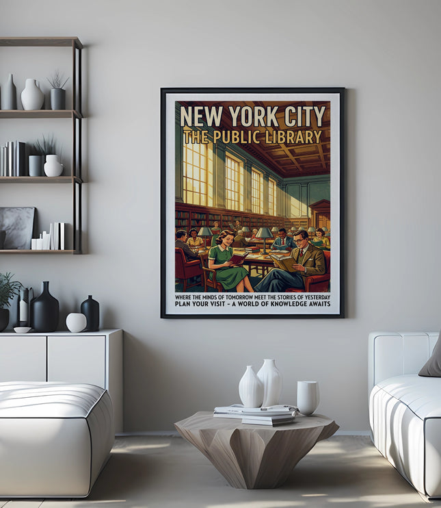 Vintage New York City Public Library travel poster with people reading.
