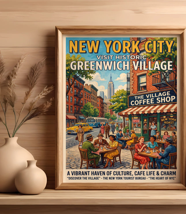 New York City Greenwich Village "The Village Coffee Shop" retro travel poster.