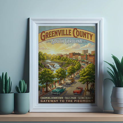 Greenville County South Carolina poster with waterfalls, downtown, and cars.