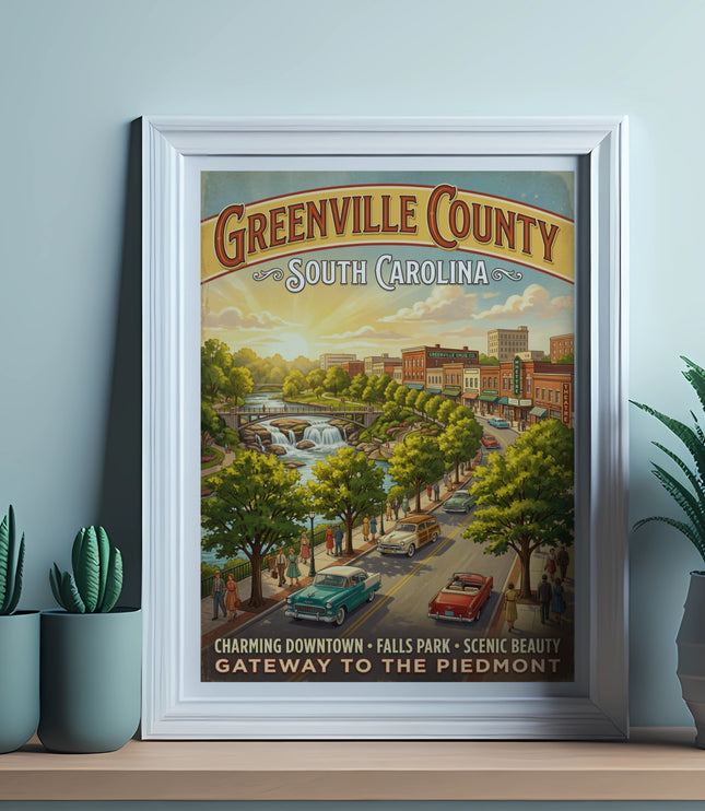 Greenville County South Carolina poster with waterfalls, downtown, and cars.