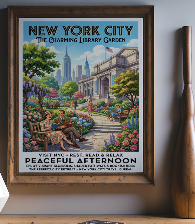 New York City Library Garden poster with couple reading peacefully.