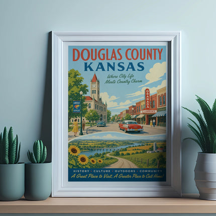 Douglas County, Kansas travel poster with text, featuring town and country scenes.