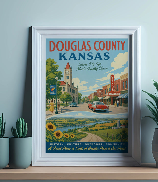Douglas County, Kansas travel poster with text, featuring town and country scenes.