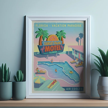 Vintage "Sunset Palms Motel Florida" postcard with pool and palm trees.