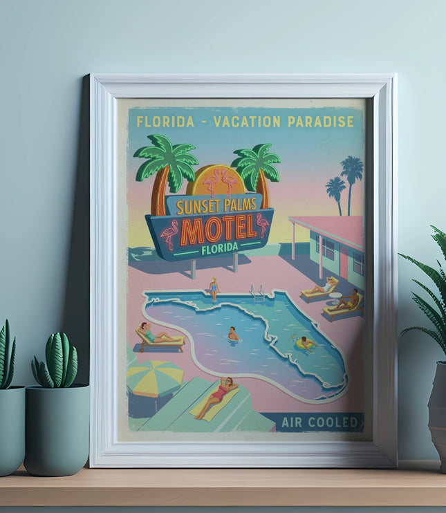 Vintage "Sunset Palms Motel Florida" postcard with pool and palm trees.