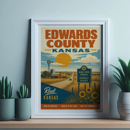 Edwards County, Kansas poster featuring a farm, sunflowers, and text.