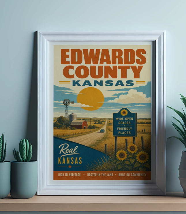 Edwards County, Kansas poster featuring a farm, sunflowers, and text.