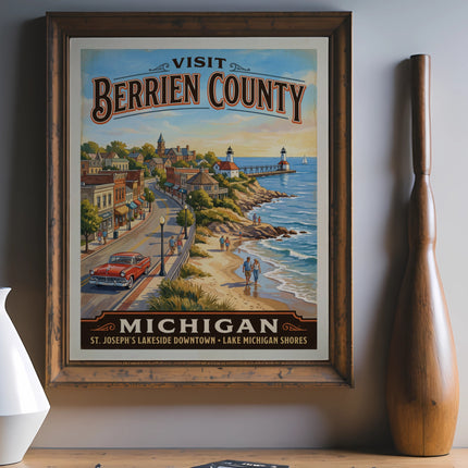 Vintage poster showing "Visit Berrien County Michigan" with lighthouses and beach.