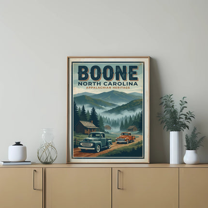 Boone North Carolina Appalachian Heritage vintage poster with trucks and cabins.