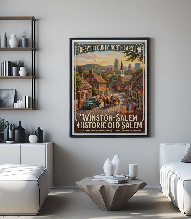 Forsyth County, North Carolina Winston-Salem Historic Old Salem vintage travel poster.