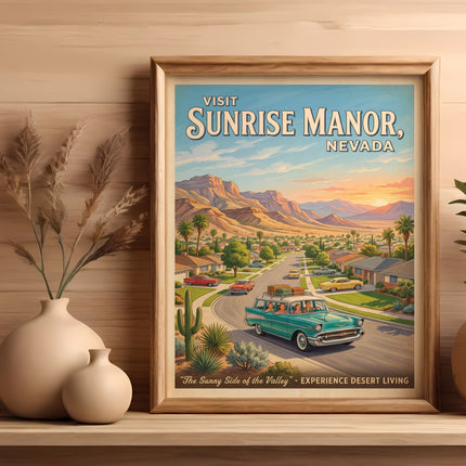 Vintage poster for Sunrise Manor, Nevada, with a turquoise car and desert landscape.