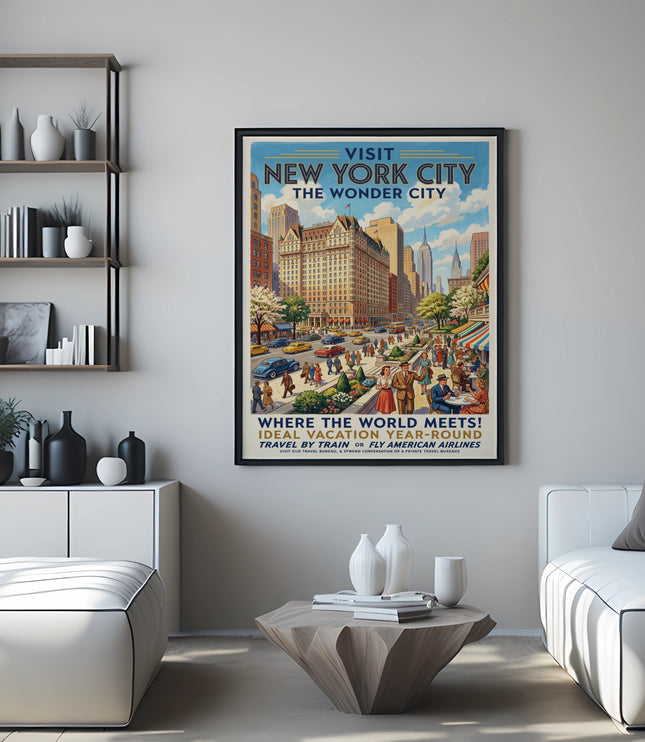 Vintage New York City poster featuring the Plaza Hotel and the Empire State Building.