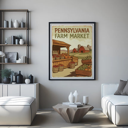 Pennsylvania Farm Market poster with produce displayed on shelves and crates.