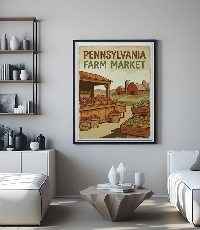 Pennsylvania Farm Market poster with produce displayed on shelves and crates.